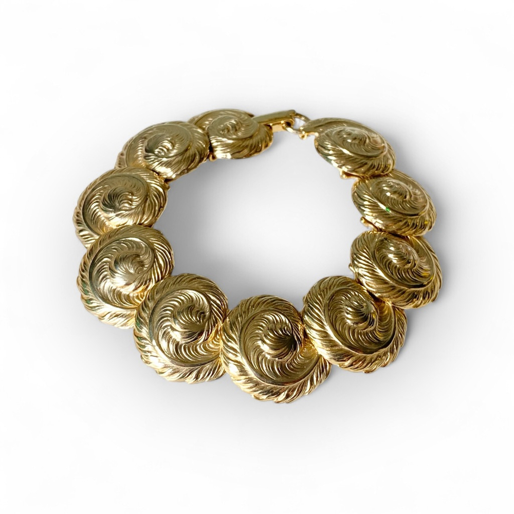 Vintage Goldtone Domed Feather Plume Fern Runway Statement Link Bracelet. - Picture 4 of 8